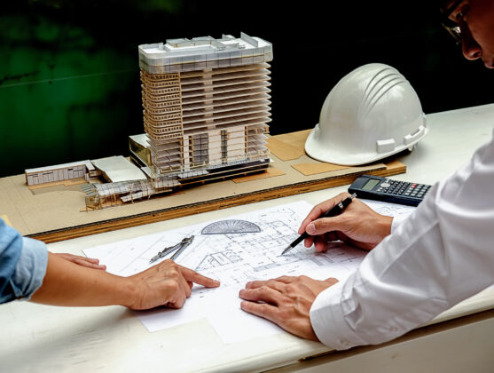 Architect or Engineer Design working on blueprint,Construction concept. Engineering tools.