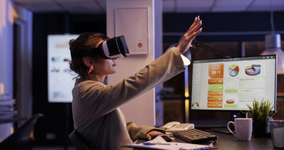 Executive manager wearing virtual reality headset, analyzing financial growth report using hologram in startup office. Businesswoman working late at night at company startegy. Technology concept