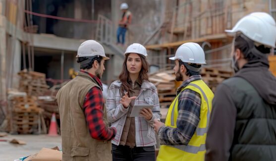 A woman who is the chief engineer at a construction site, wearing formal clothes and a white hard hat, talking to her employees while holding a tablet in her hand --chaos 40 --ar 16:9 --style raw --sref https://s.mj.run/VKClpvl3dMQ --sw 700 --stylize 1000 Job ID: 317eeed4-4c05-418d-b1b8-11fcf81627e0