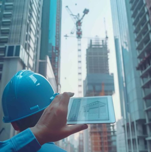 A worker in a hardhat uses a tablet to review a building blueprint against a backdrop of skyscrapers and a construction crane.